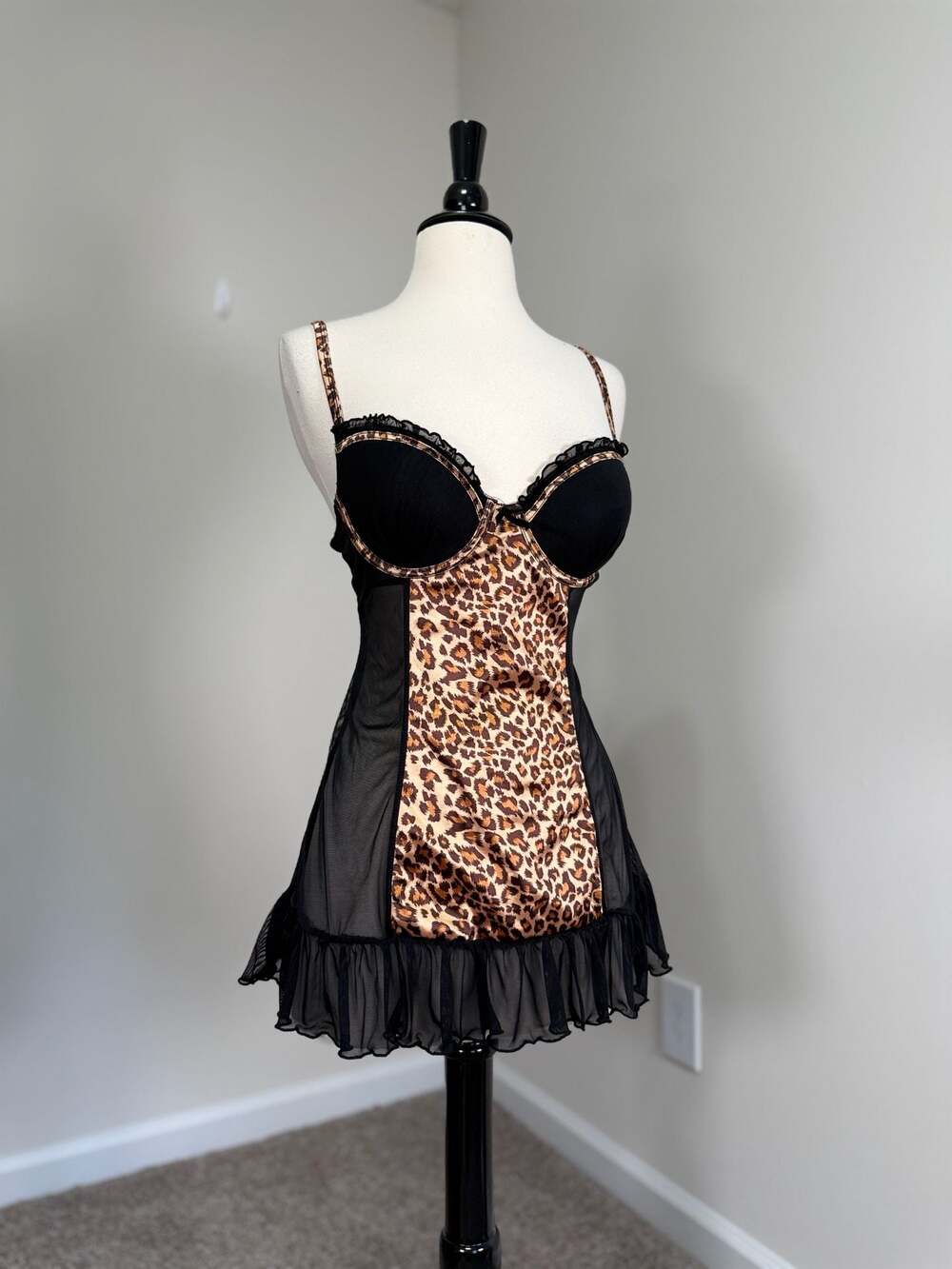 Per Lei Cheetah Print Leopard Lace Trim Babydoll Lingerie Slip Budoir Dress